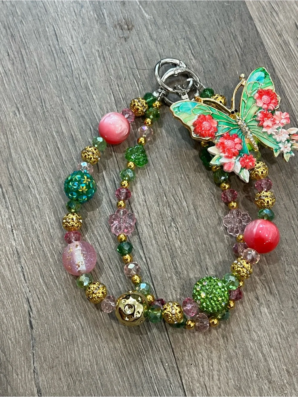 Handcrafted Butterfly Charm Beaded Bracelet - Green & Pink